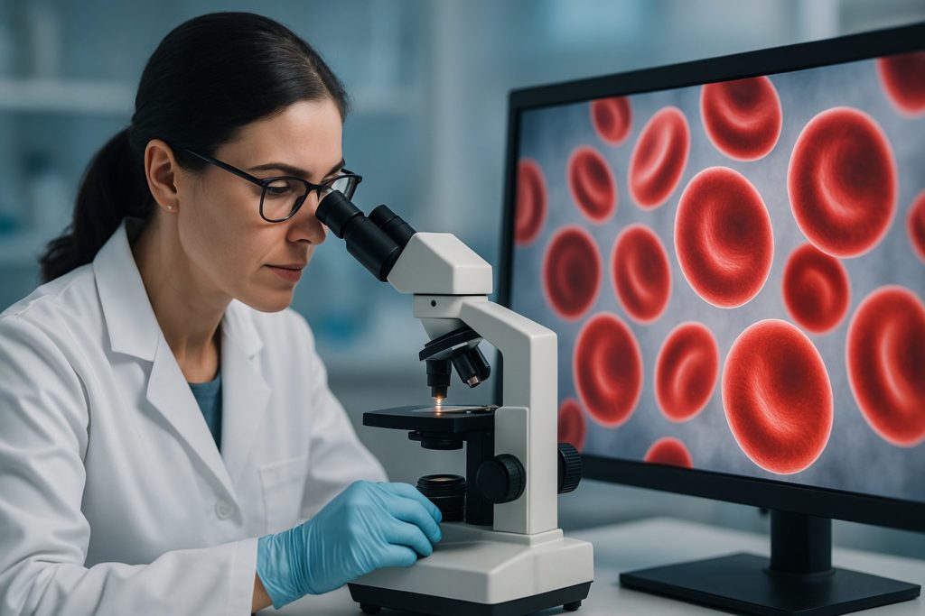 고양이 인공혈액 연구를 상징적으로 표현한 이미지로, 연구원이 현미경을 통해 혈구 형상을 관찰하는 장면