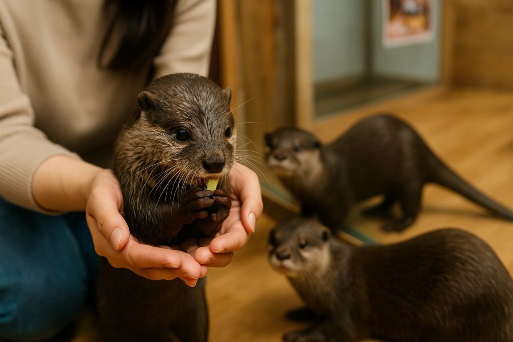 이 이미지는 오터카페의 귀여운 외형 이면에 존재하는 불법 거래 및 동물복지 문제를 시각적으로 환기하기 위해 제작됨.
