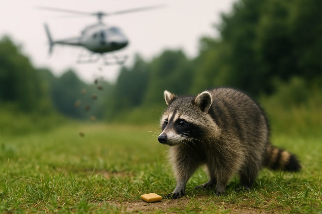 광견병 예방을 위한 백신 미끼 살포 장면을 시각화해, 야생동물 방역 활동의 중요성을 직관적으로 전달하기 위한 이미지